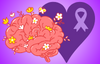 A cartoon brain, blooming with flowers. Purple heart with a ribbon for dementia awareness.