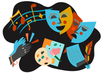 Arts Passes. Decorative image of music notes, theatre masks, painting, writing, and hands applauding. 